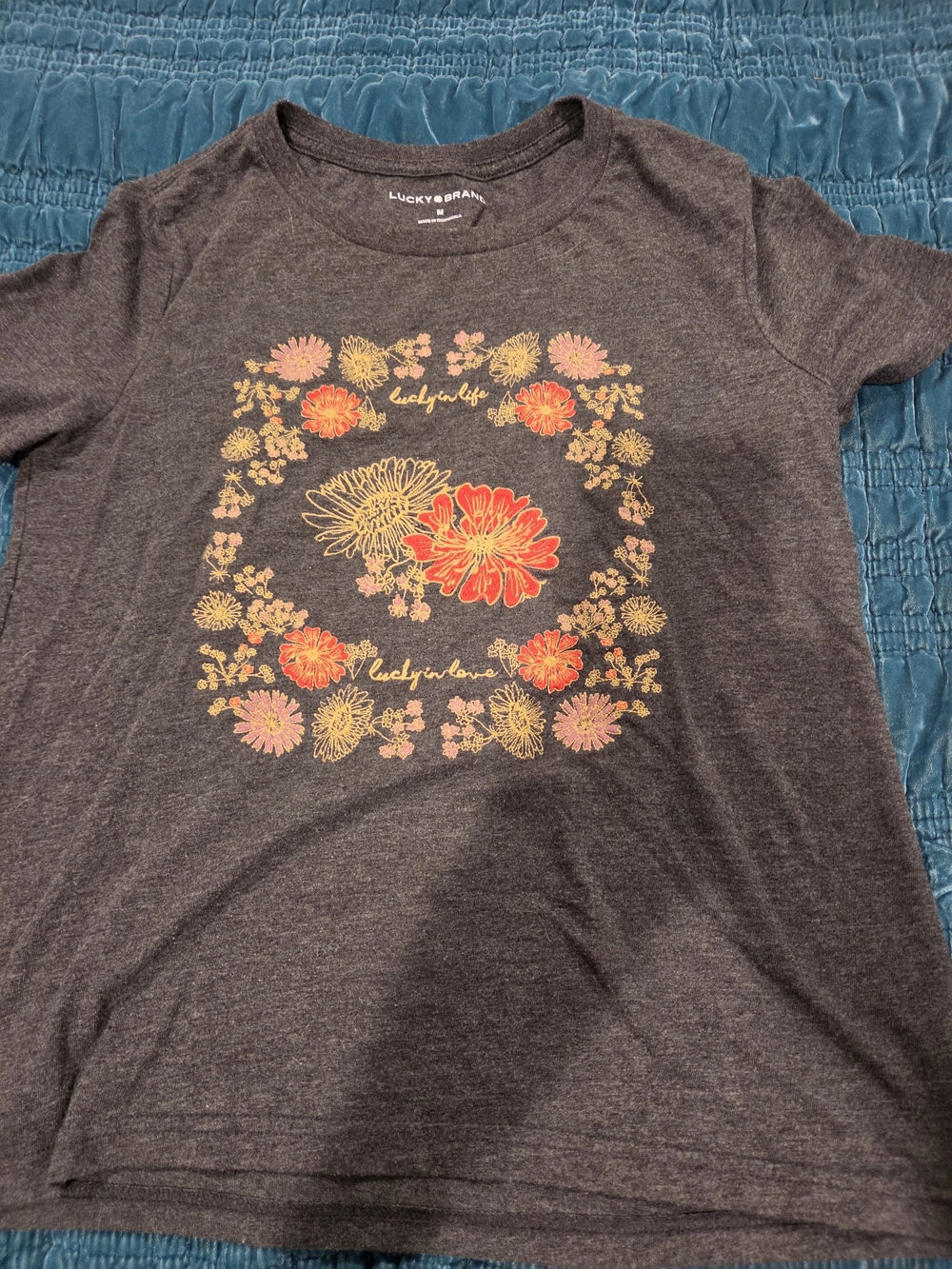Lucky Brand Charcoal Tee with Coral & Gold Floral Wreath